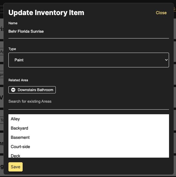 Inventory Related Areas Selection